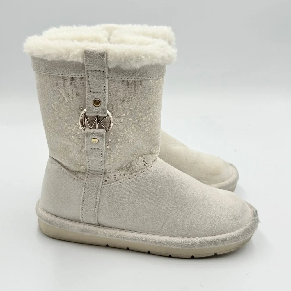 Michael Kors Kids MK Logo Snow Boots Faux Fur‎ Lined Zip Cream Size 11